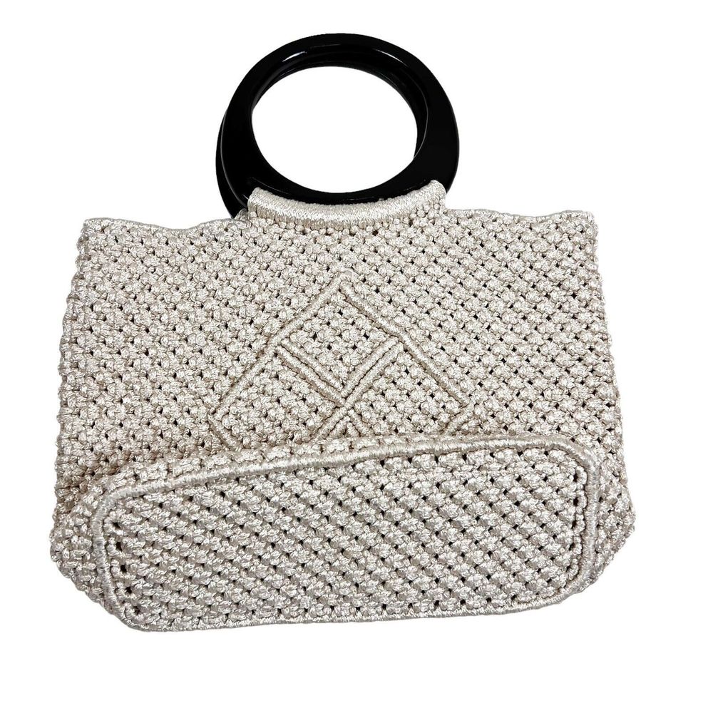 NEW Hand Woven Knit Macrame Large Bag Ivory Wood Handles Pockets Lined Magnetic - Picture 4 of 10